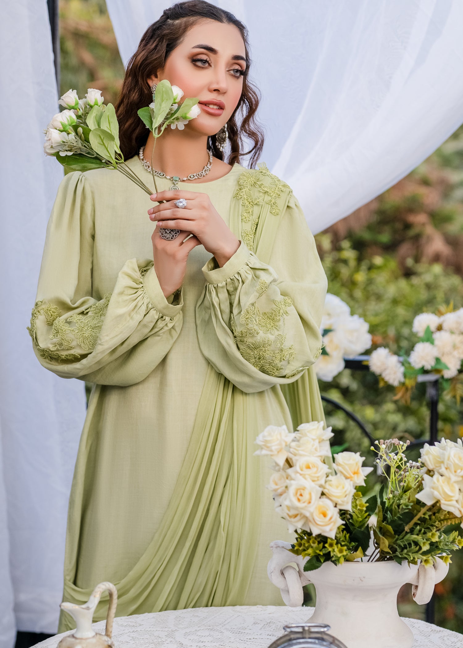 ETHEREAL ELEGANCE DRAPED SILK & SHIFFON DRESS GREEN