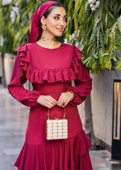 TIMELESS ELEGANCE RUFFLED CREPE DRESS RED
