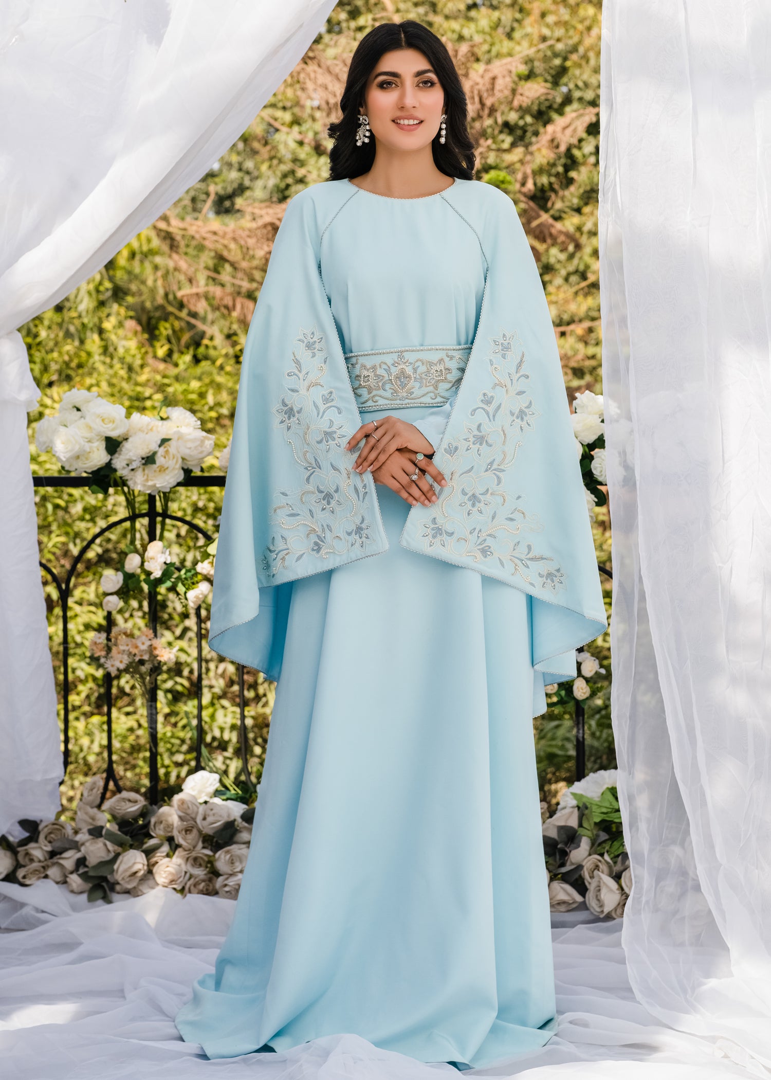 CELESTIAL ELEGANCE EMBROIDERED SILKY LAWN GOWN ICE BLUE