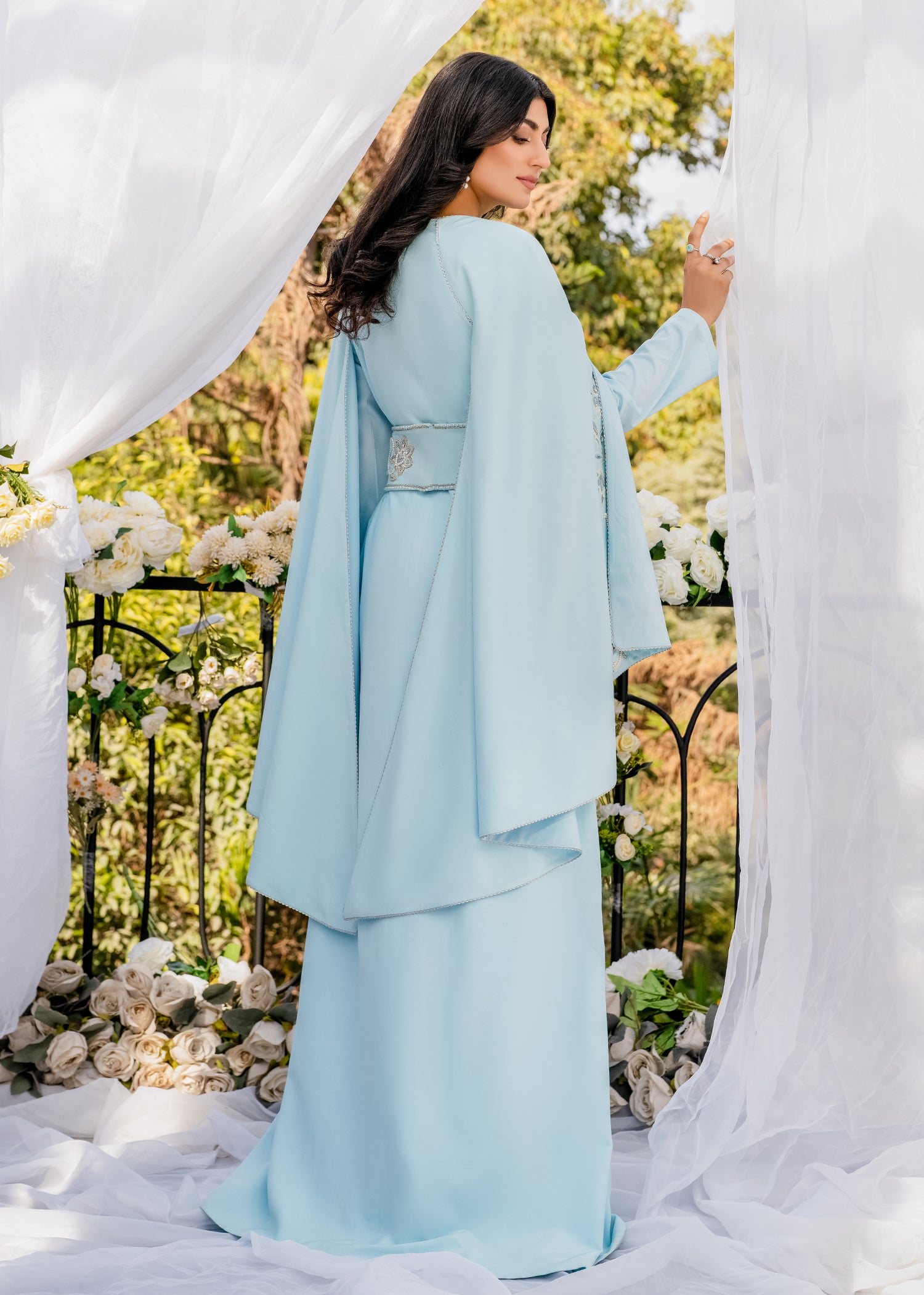 CELESTIAL ELEGANCE EMBROIDERED SILKY LAWN GOWN ICE BLUE