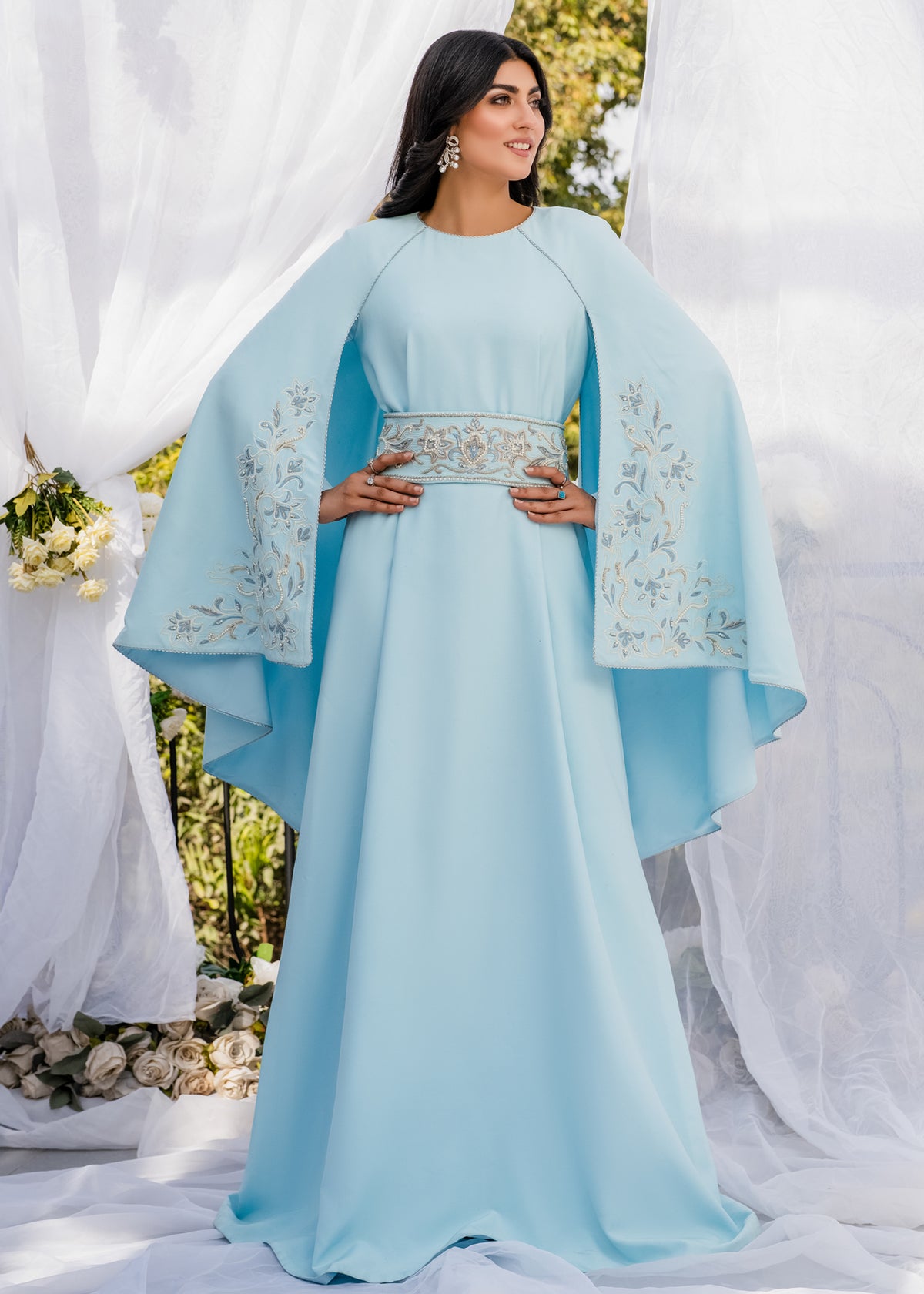 CELESTIAL ELEGANCE EMBROIDERED SILKY LAWN GOWN ICE BLUE