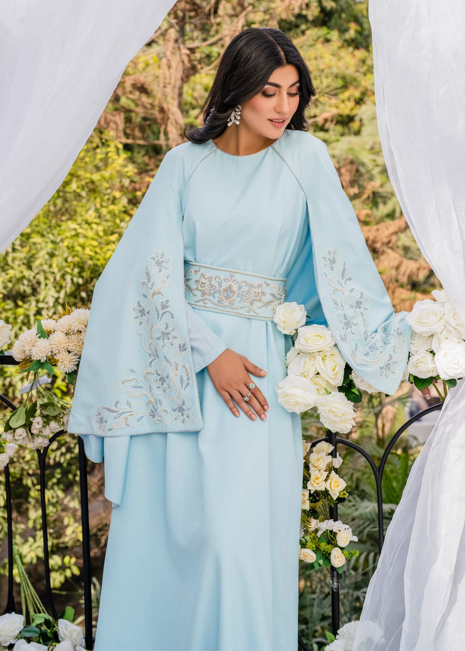 CELESTIAL ELEGANCE EMBROIDERED SILKY LAWN GOWN ICE BLUE