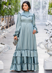 SAGE ELEGANCE RUFFLED SILK DRESS SAGE GREEN