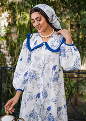 BLUEBIRD BLOSSOM VINTAGE SOFTÉ CAMBRIC DRESS WHITE WITH BLUE PRINT