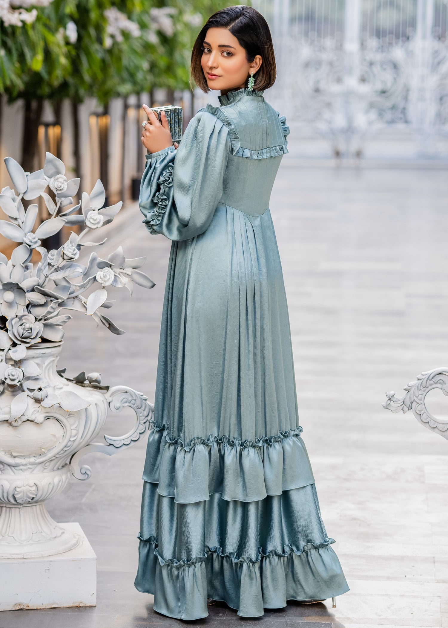 SAGE ELEGANCE RUFFLED SILK DRESS SAGE GREEN
