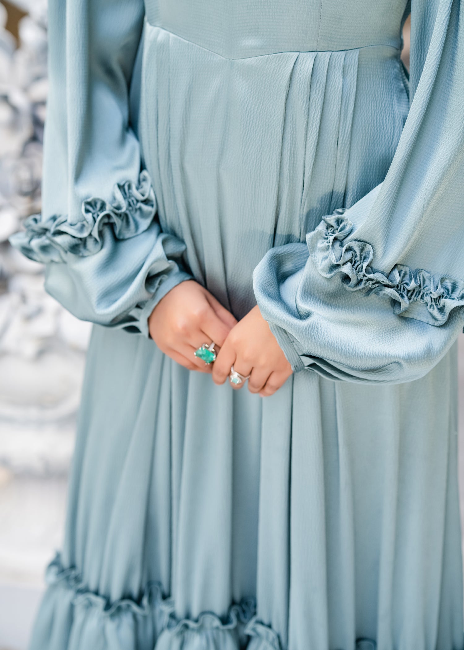 SAGE ELEGANCE RUFFLED SILK DRESS SAGE GREEN