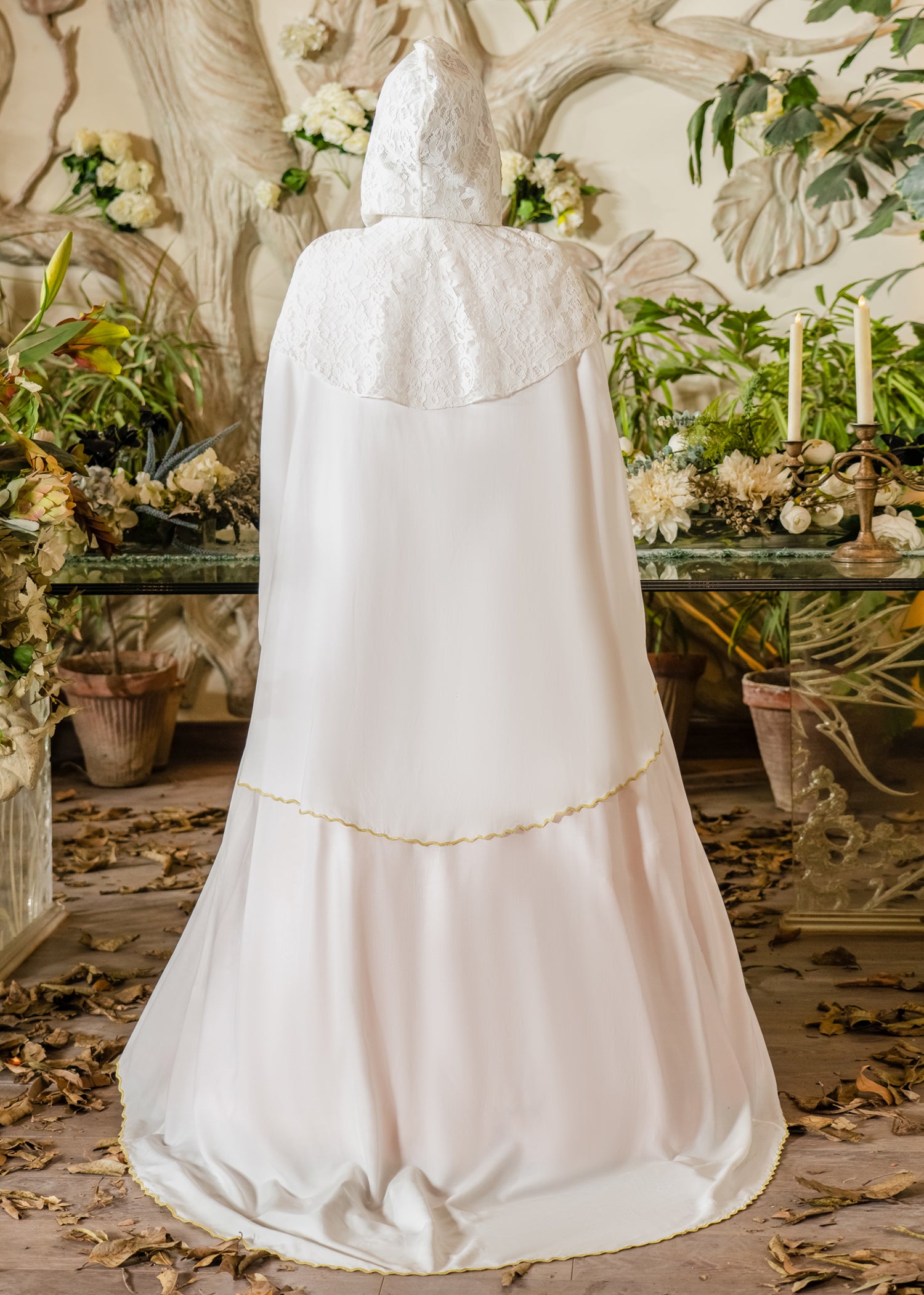REGAL IVORY GOLD-TRIMMED HOODED SILKY LAWN CAPE WHITE