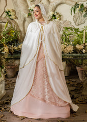 REGAL IVORY GOLD-TRIMMED HOODED SILKY LAWN CAPE WHITE