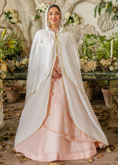 REGAL IVORY GOLD-TRIMMED HOODED SILKY LAWN CAPE WHITE