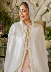 REGAL IVORY GOLD-TRIMMED HOODED SILKY LAWN CAPE WHITE