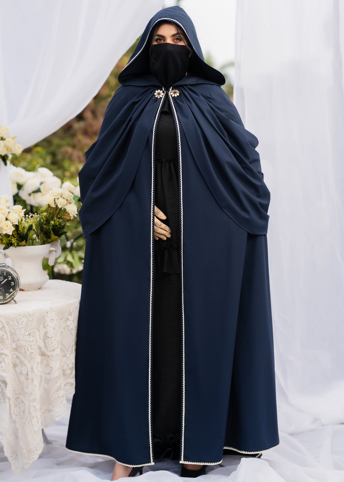 MIDNIGHT MAJESTY HOODED DULL SILK CAPE BluE