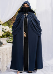 MIDNIGHT MAJESTY HOODED DULL SILK CAPE BluE