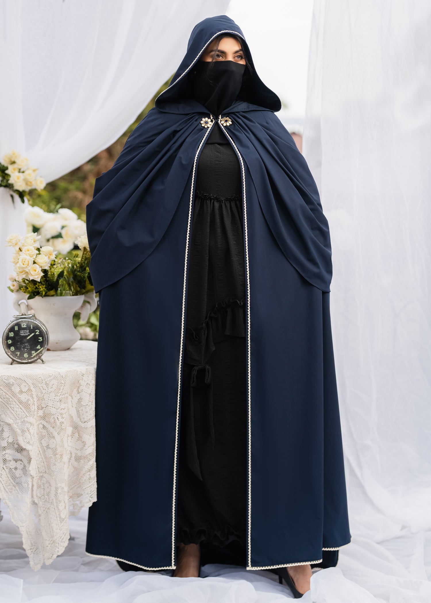 MIDNIGHT MAJESTY HOODED DULL SILK CAPE BluE
