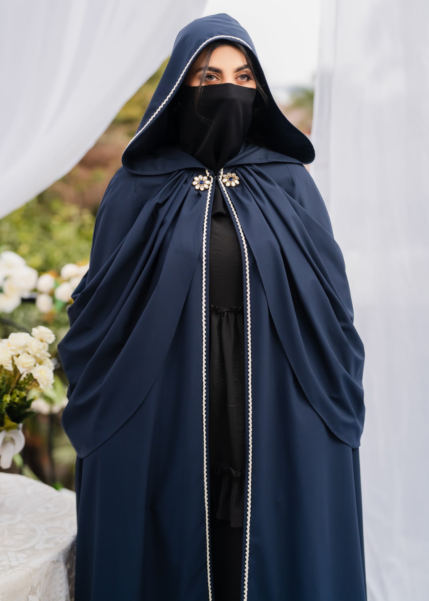 MIDNIGHT MAJESTY HOODED DULL SILK CAPE BluE