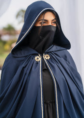 MIDNIGHT MAJESTY HOODED DULL SILK CAPE BluE