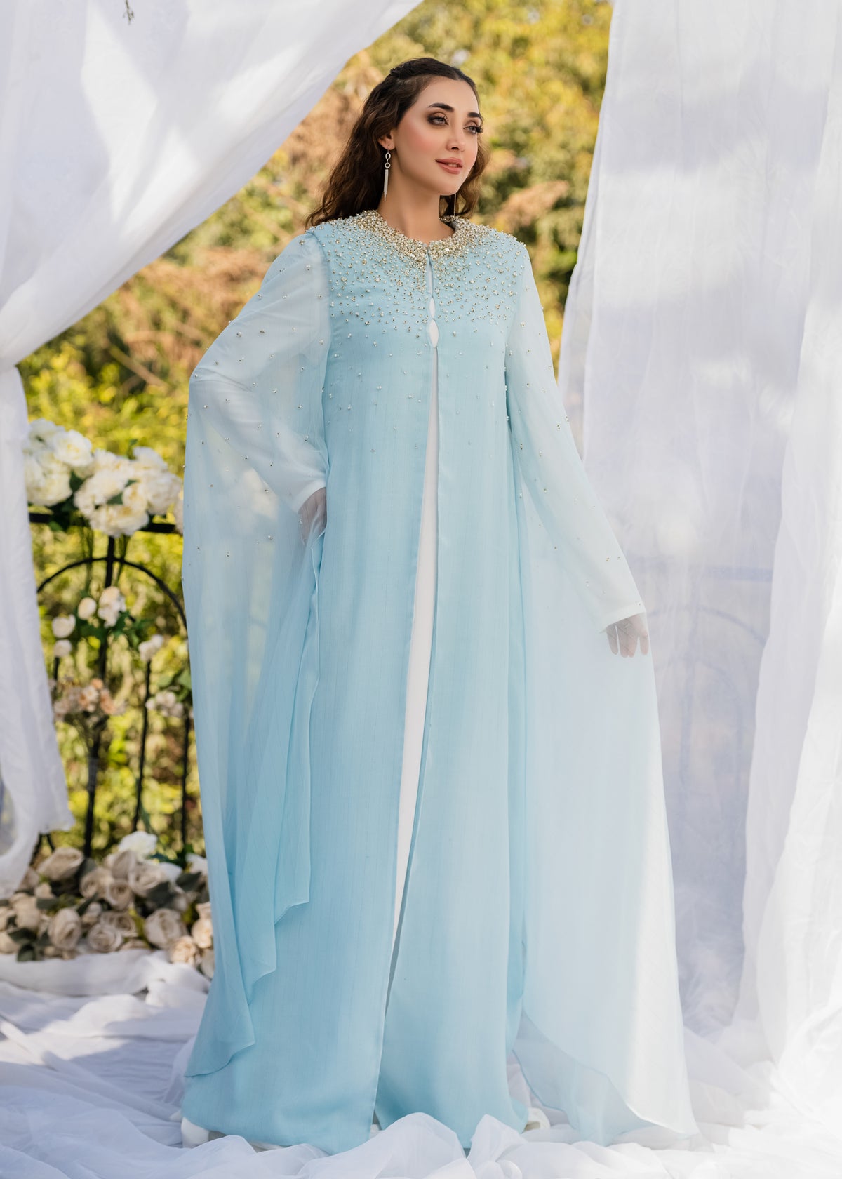 CELESTIAL ELEGANCE CAPE ZARI SHIFFON DRESS ICE BLUE