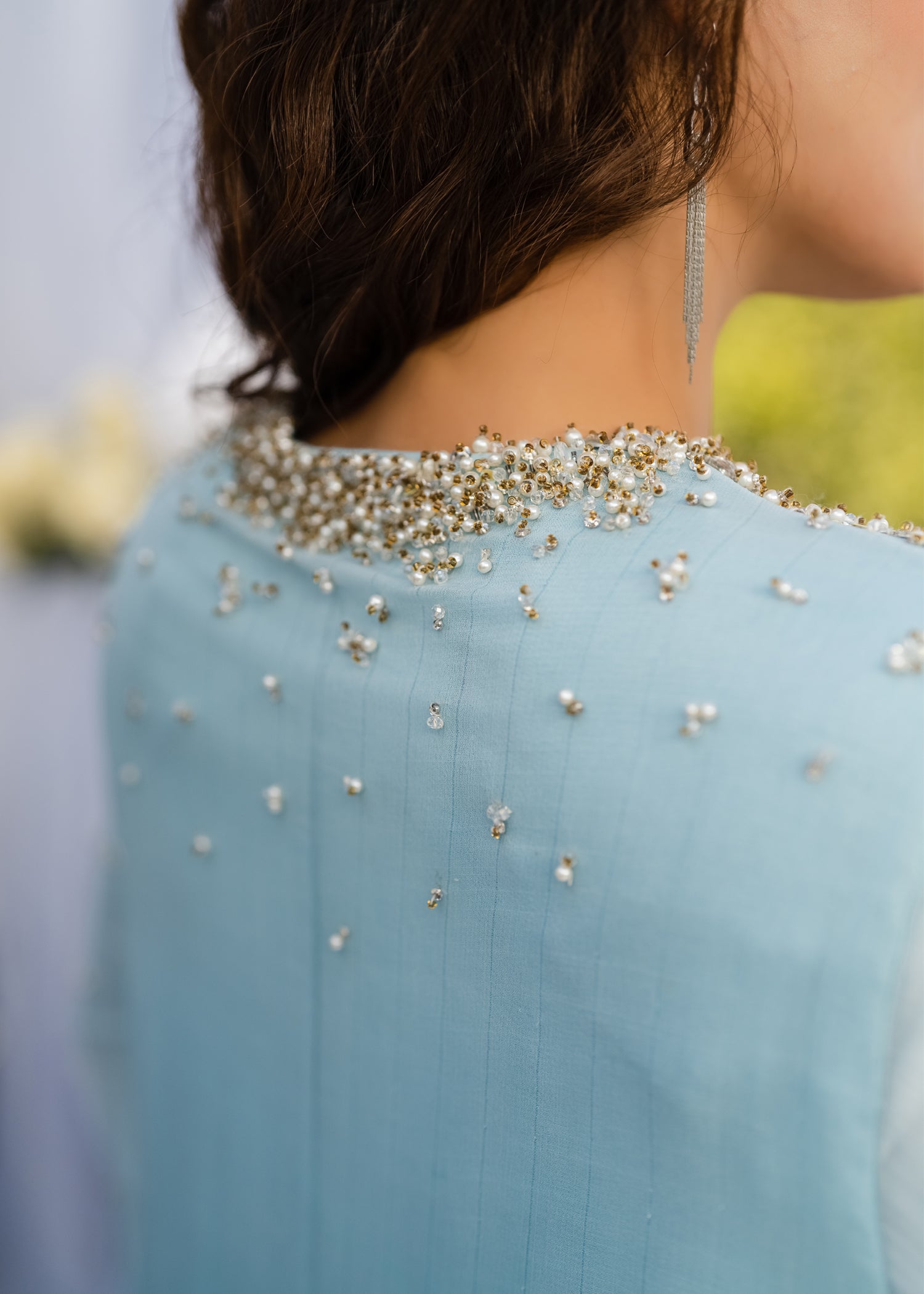 CELESTIAL ELEGANCE CAPE ZARI SHIFFON DRESS ICE BLUE