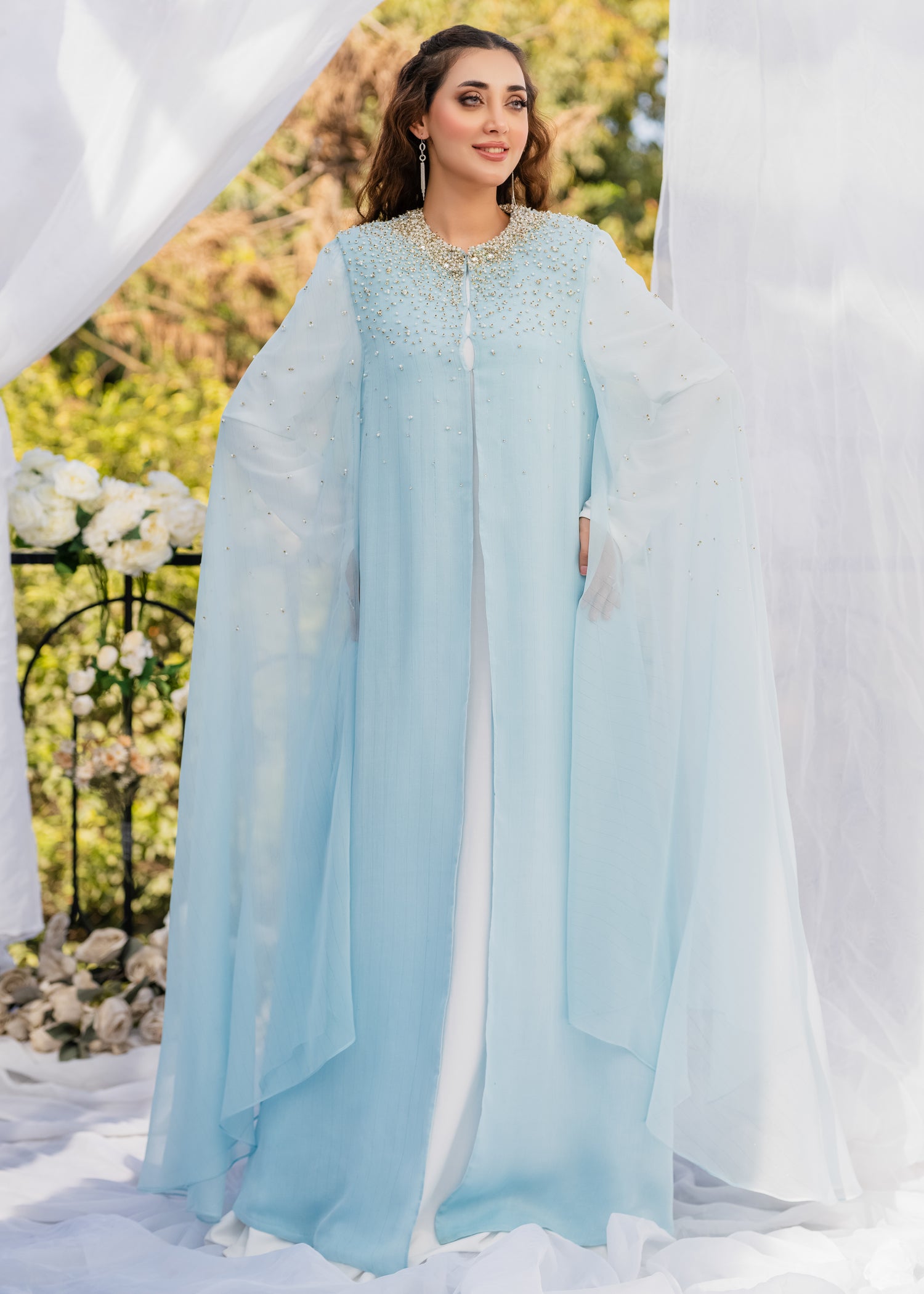 CELESTIAL ELEGANCE CAPE ZARI SHIFFON DRESS ICE BLUE
