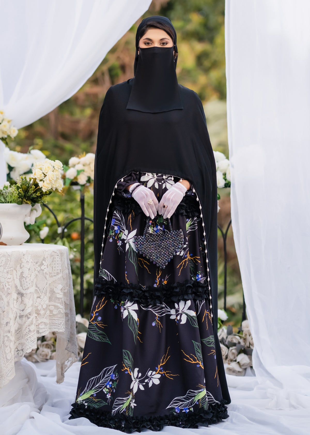 MIDNIGHT GRACE PEARL NIDA FABRIC CAPE BLACK