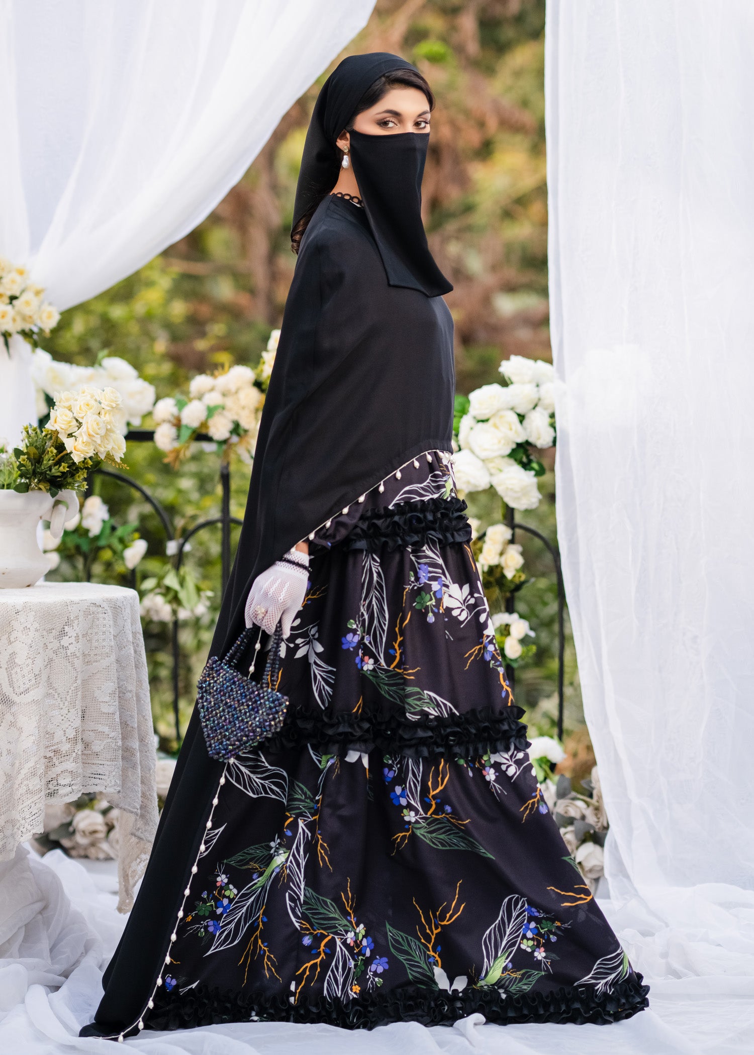 MIDNIGHT GRACE PEARL NIDA FABRIC CAPE BLACK