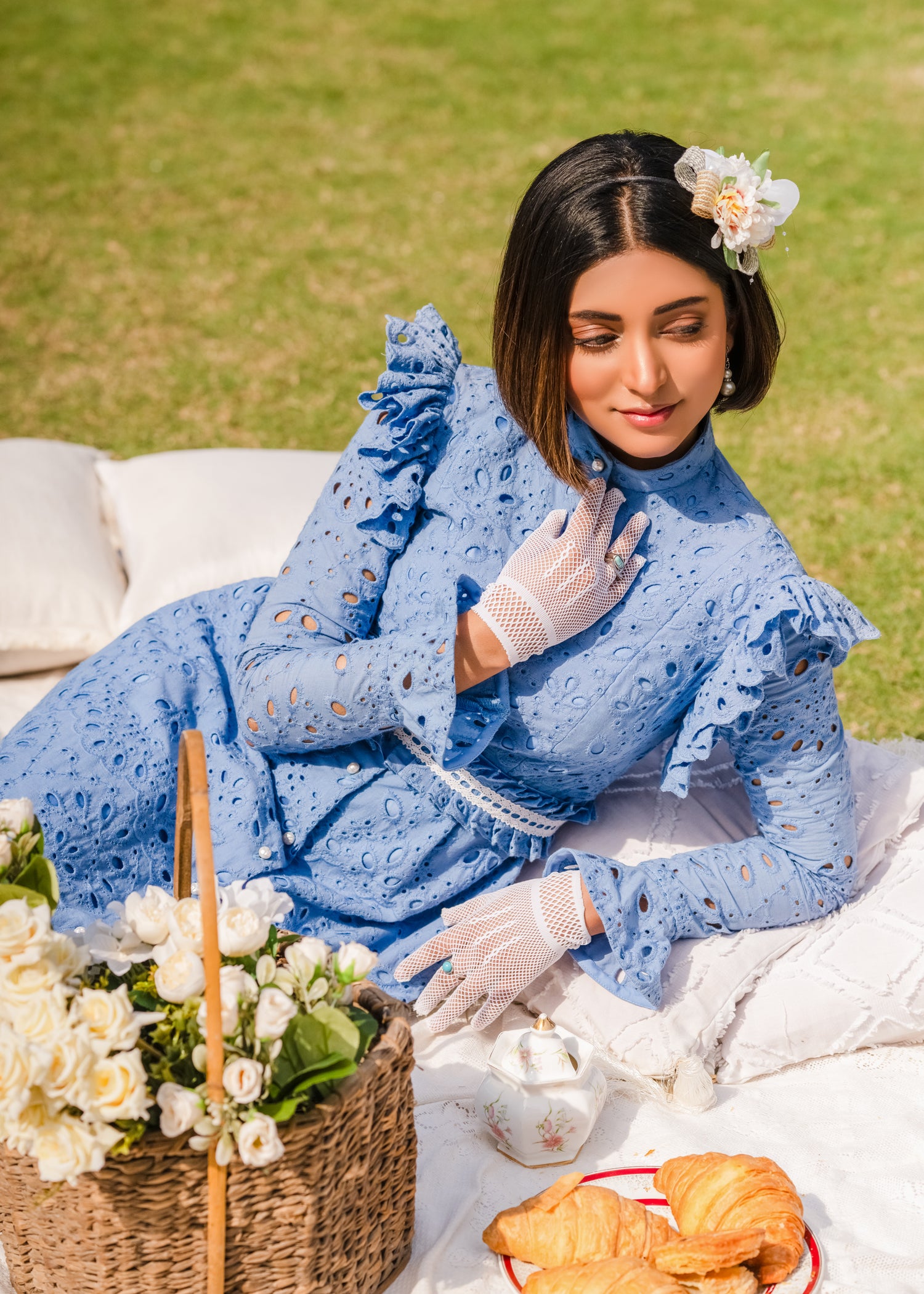 INDIGO GRACE LACE EMBROIDERED CHIKAN KAARI LAWN DRESS INDIGO BLUE