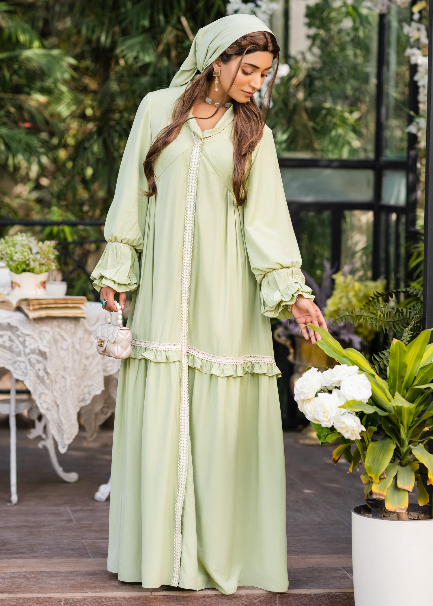 SAGE SERENITY LACE-TRIMMED SILKY LAWN DRESS GREEN