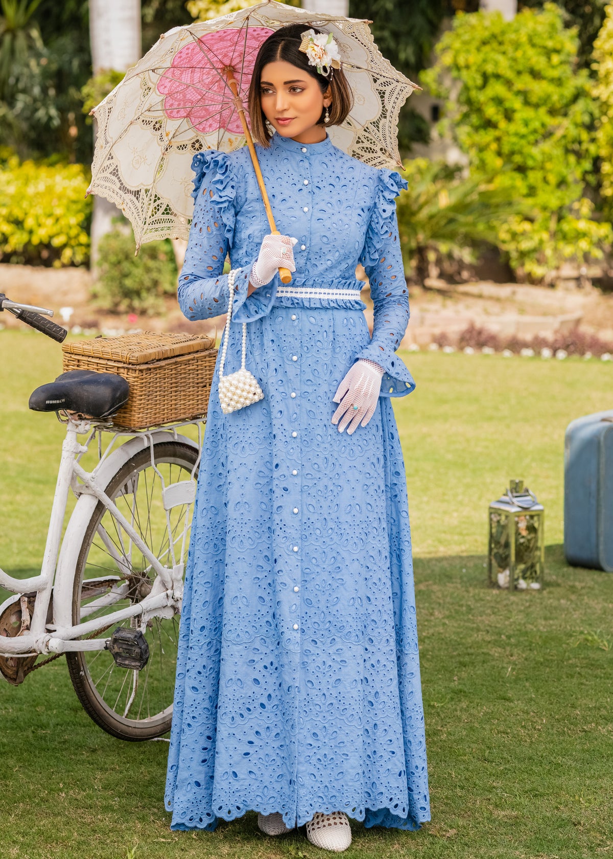 INDIGO GRACE LACE EMBROIDERED CHIKAN KAARI LAWN DRESS INDIGO BLUE