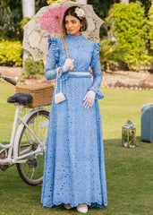 INDIGO GRACE LACE EMBROIDERED CHIKAN KAARI LAWN DRESS INDIGO BLUE