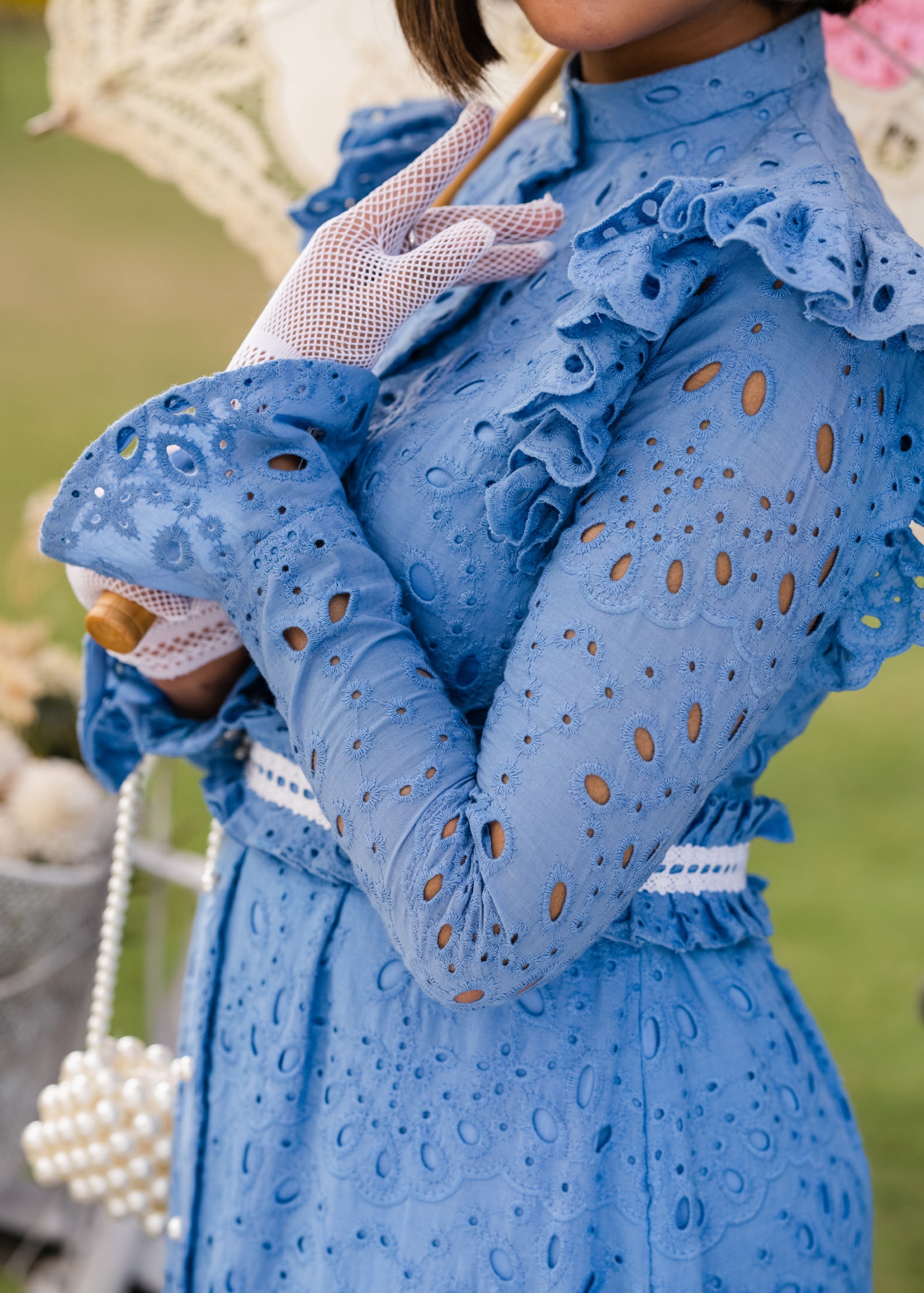 INDIGO GRACE LACE EMBROIDERED CHIKAN KAARI LAWN DRESS INDIGO BLUE