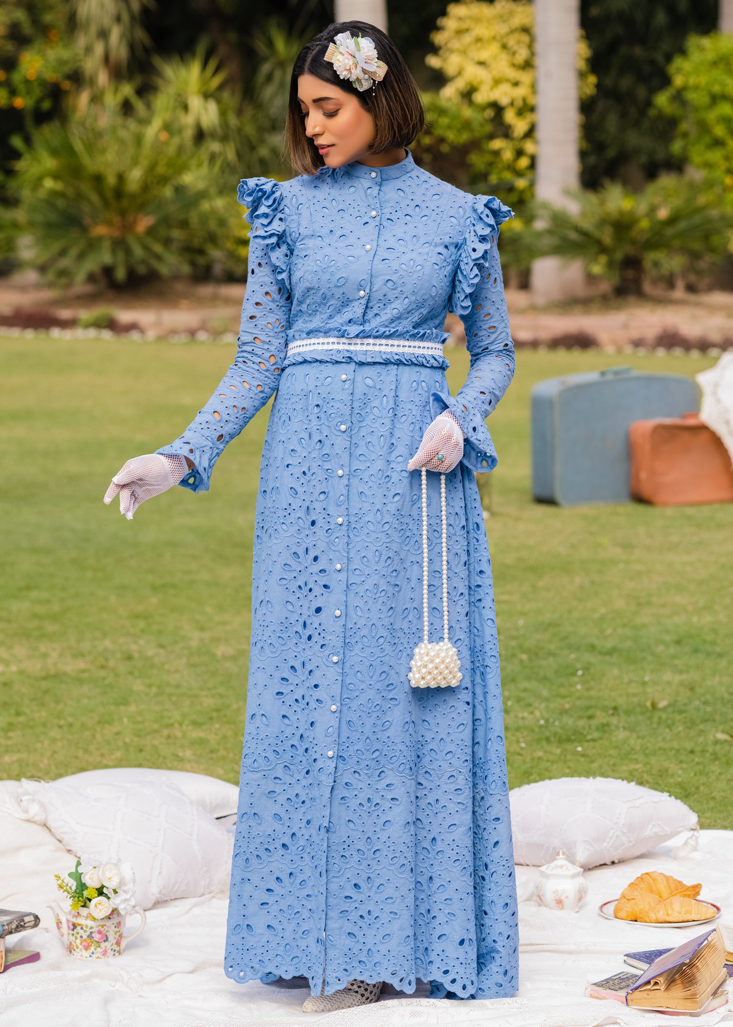 INDIGO GRACE LACE EMBROIDERED CHIKAN KAARI LAWN DRESS INDIGO BLUE