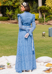 INDIGO GRACE LACE EMBROIDERED CHIKAN KAARI LAWN DRESS INDIGO BLUE