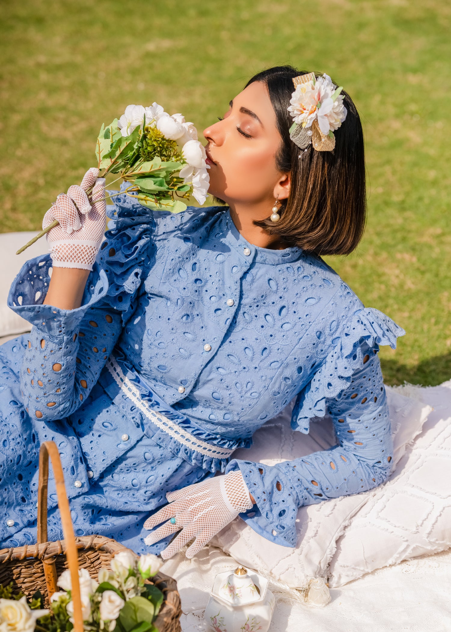 INDIGO GRACE LACE EMBROIDERED CHIKAN KAARI LAWN DRESS INDIGO BLUE