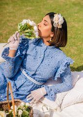 INDIGO GRACE LACE EMBROIDERED CHIKAN KAARI LAWN DRESS INDIGO BLUE