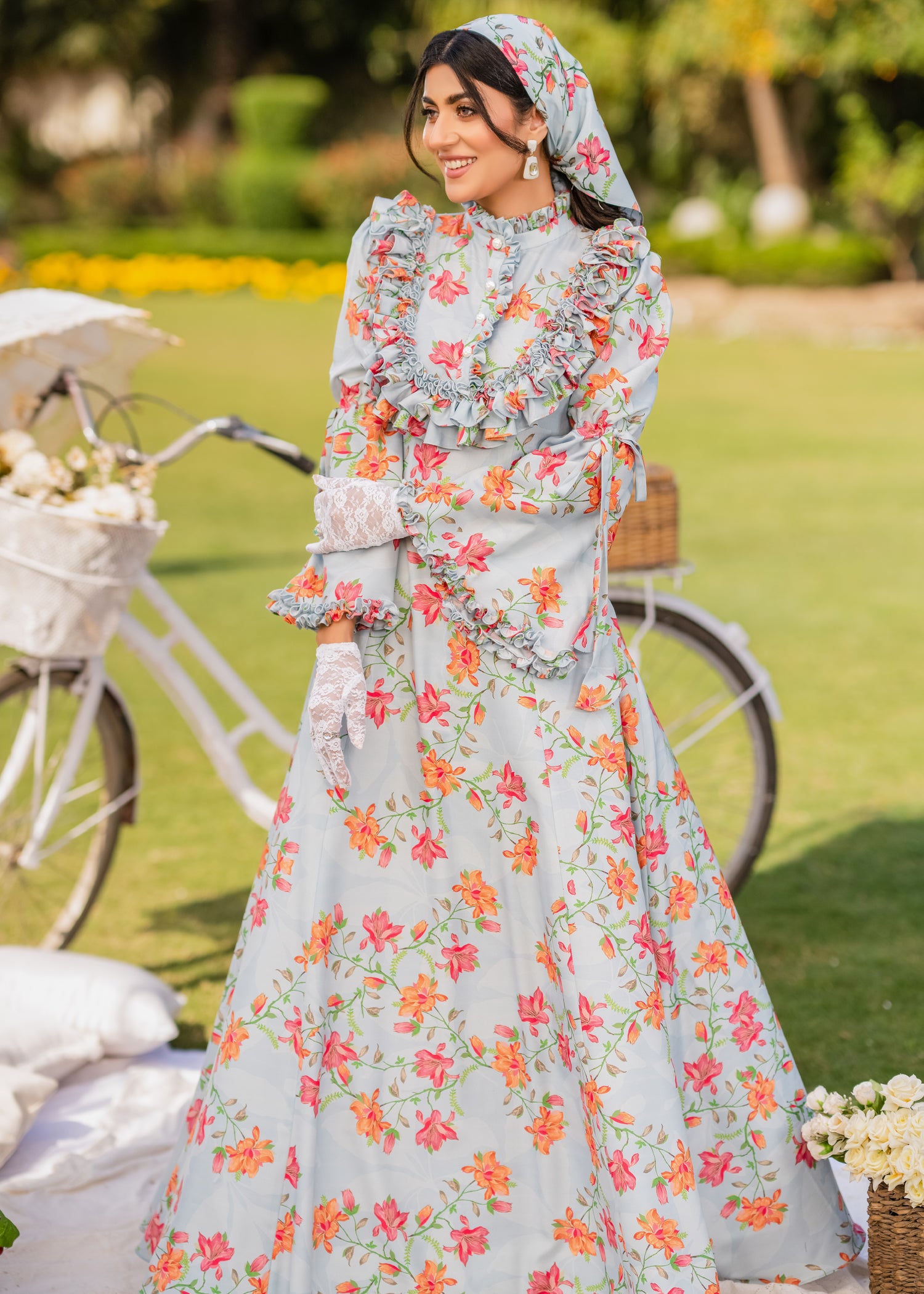 VICTORIAN BLOSSOM ELEGANCE SOFTÉ CAMBRIC DRESS BLUE