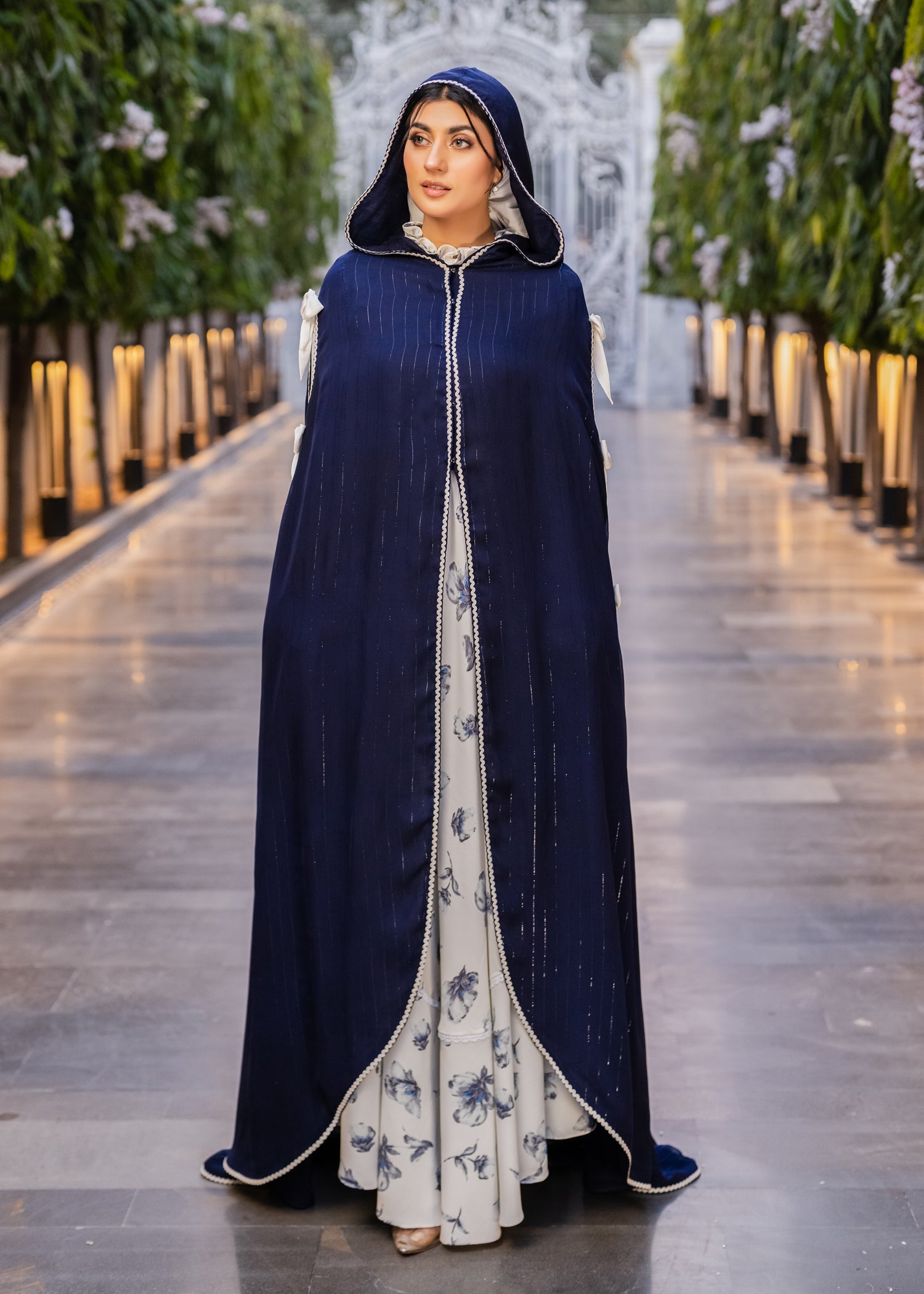 CAPE MIDNIGHT ELEGANCE HOODED SHIFFON CAPE BLUE