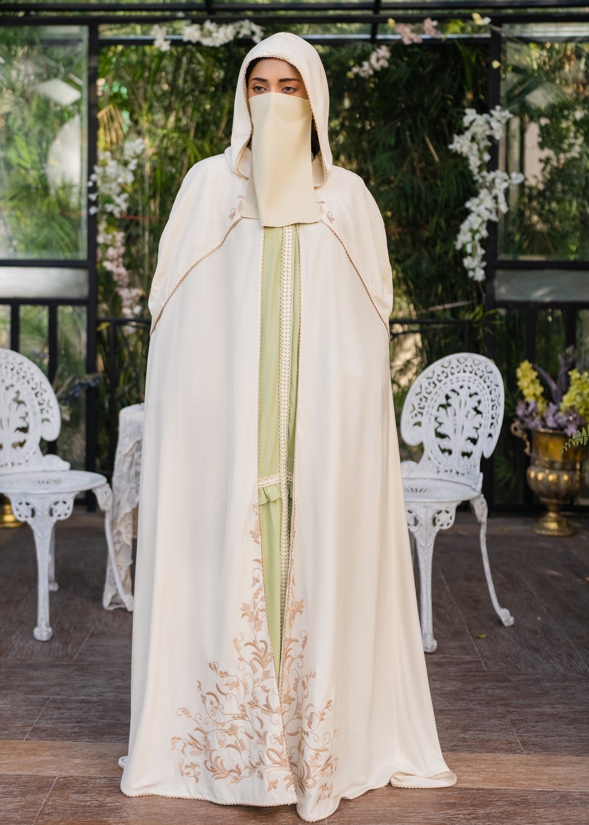 CAPE GOLDEN MAJESTY HOODED SILKY LAWN CAPE BEIGE