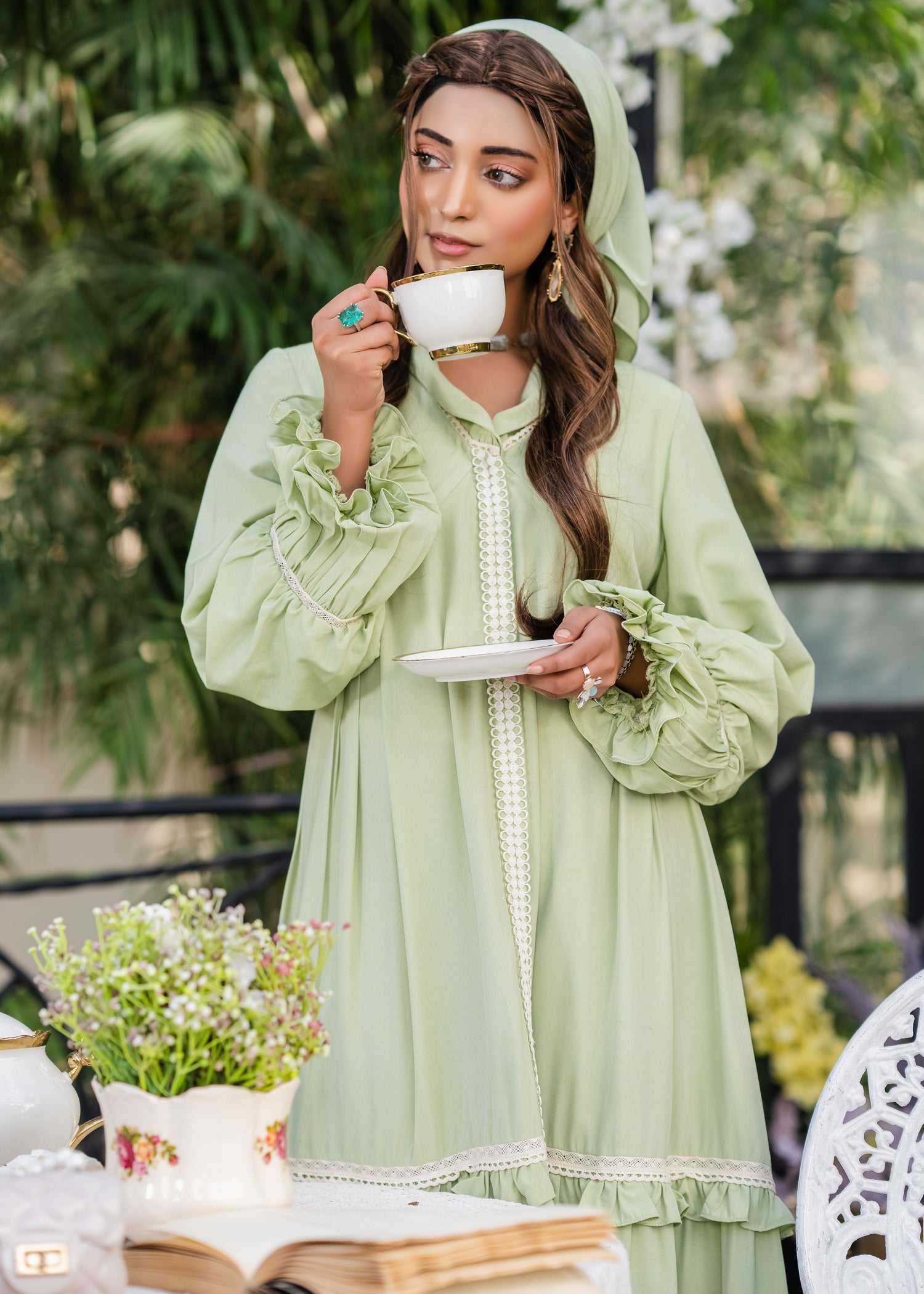 SAGE SERENITY LACE-TRIMMED SILKY LAWN DRESS GREEN
