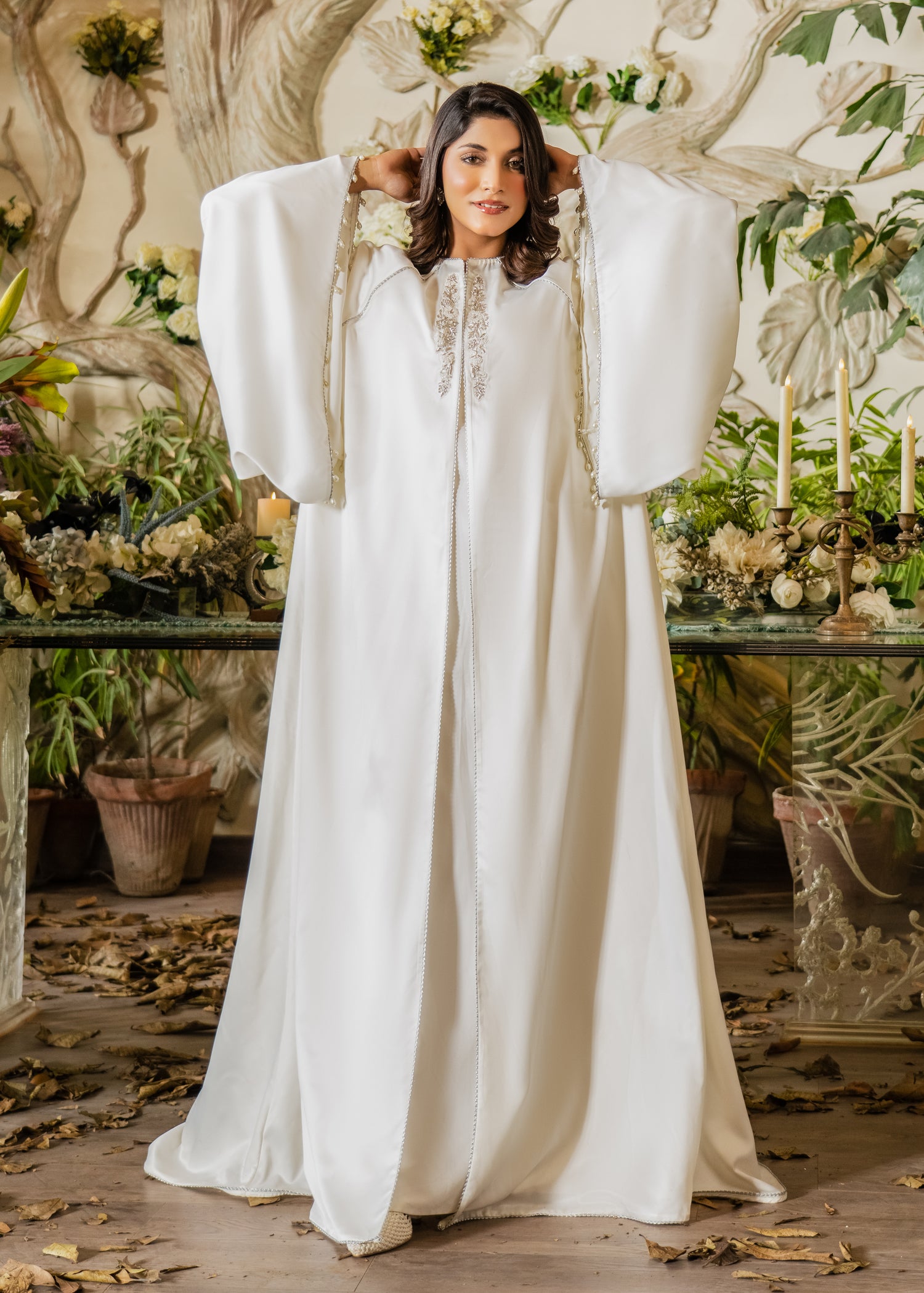 ETHEREAL GRACE EMBELLISHED SHINEY SILK CAPE WHITE