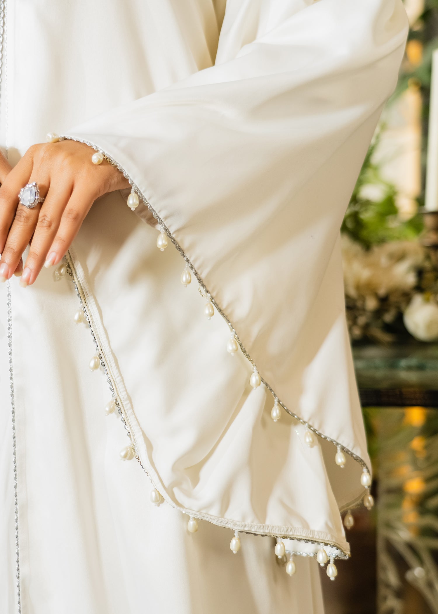 ETHEREAL GRACE EMBELLISHED SHINEY SILK CAPE WHITE