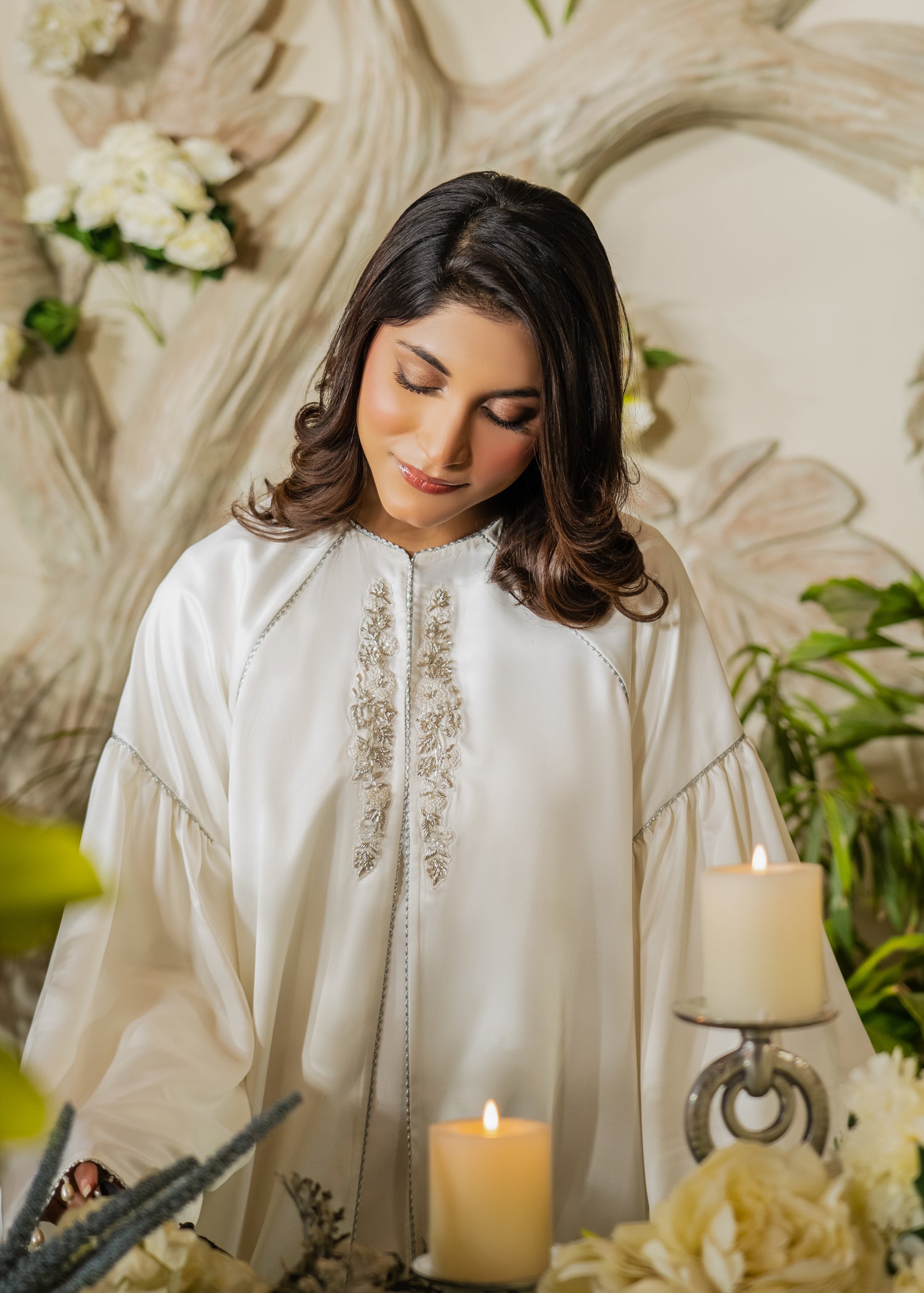 ETHEREAL GRACE EMBELLISHED SHINEY SILK CAPE WHITE