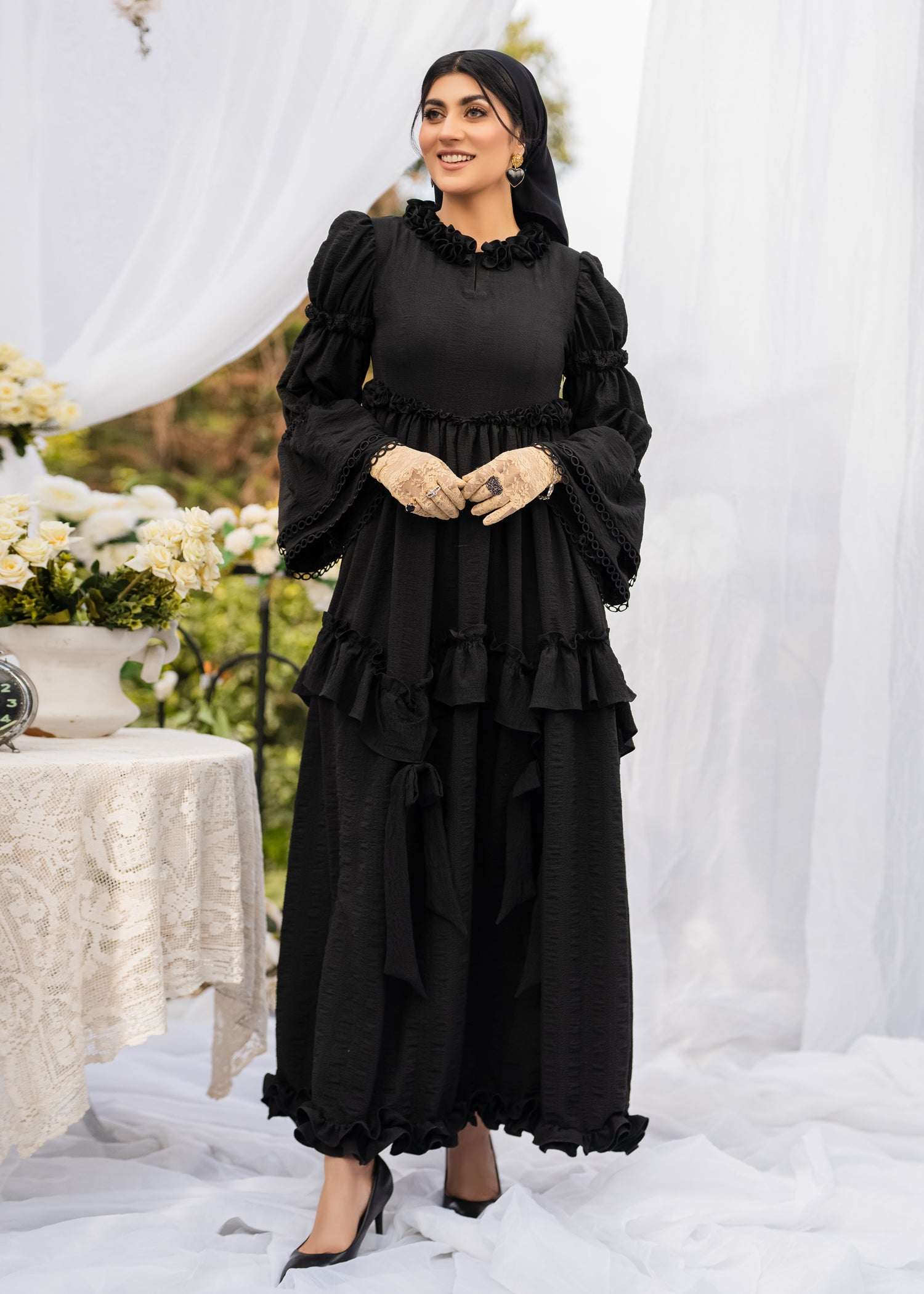 MIDNIGHT ELEGANCE RUFFLED SOFTÉ CAMBRIC DRESS BLACK