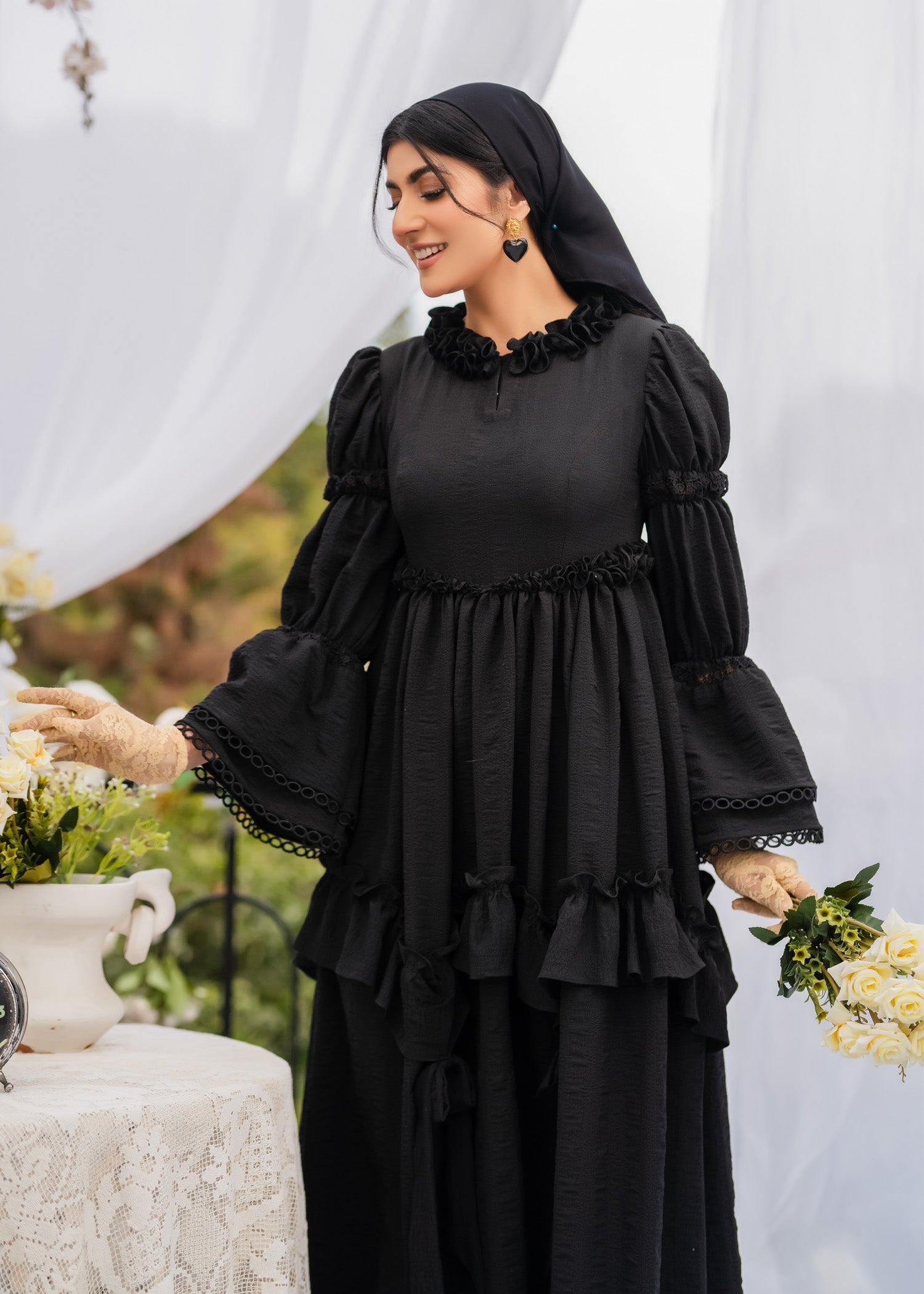 MIDNIGHT ELEGANCE RUFFLED SOFTÉ CAMBRIC DRESS BLACK