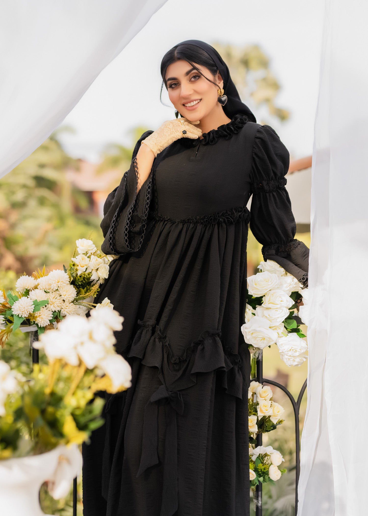 MIDNIGHT ELEGANCE RUFFLED SOFTÉ CAMBRIC DRESS BLACK