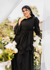 MIDNIGHT ELEGANCE RUFFLED SOFTÉ CAMBRIC DRESS BLACK