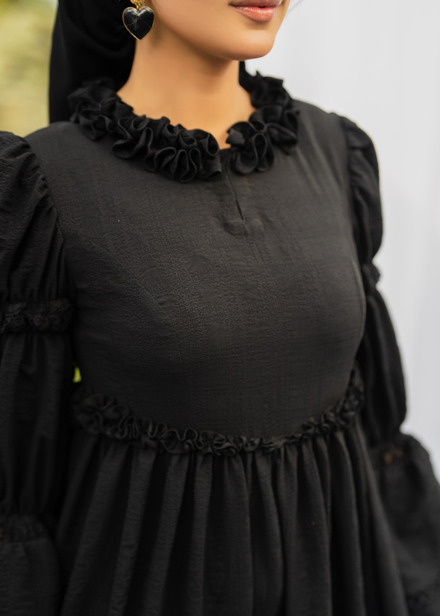 MIDNIGHT ELEGANCE RUFFLED SOFTÉ CAMBRIC DRESS BLACK