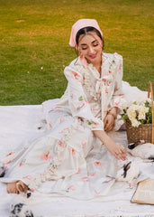 ELEGANT BLOSSOM DIGITAL PRINT ONE PIECE SILK RUFFLE DRESS CREAM WHITE & PINK