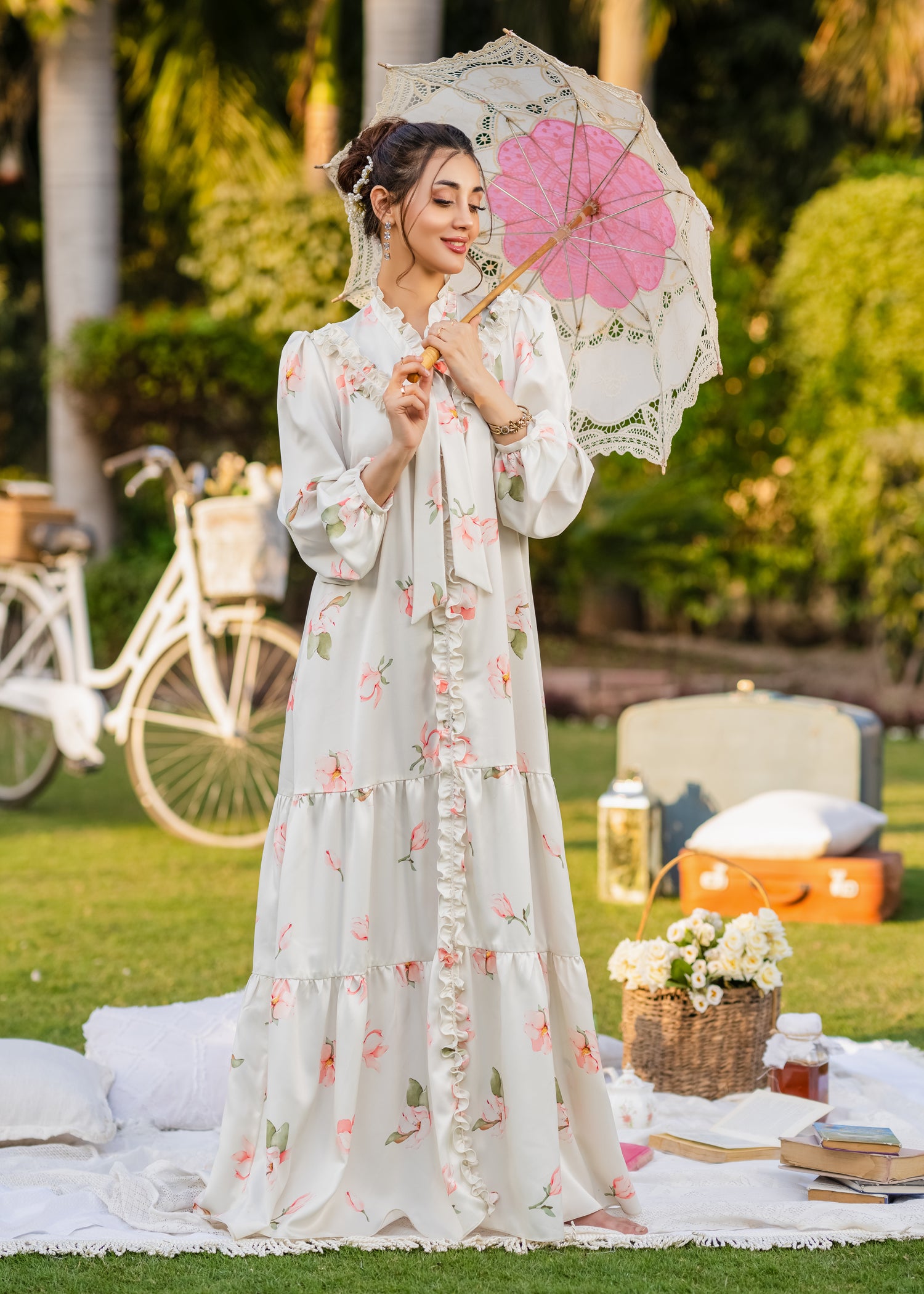 ELEGANT BLOSSOM DIGITAL PRINT ONE PIECE SILK RUFFLE DRESS CREAM WHITE & PINK