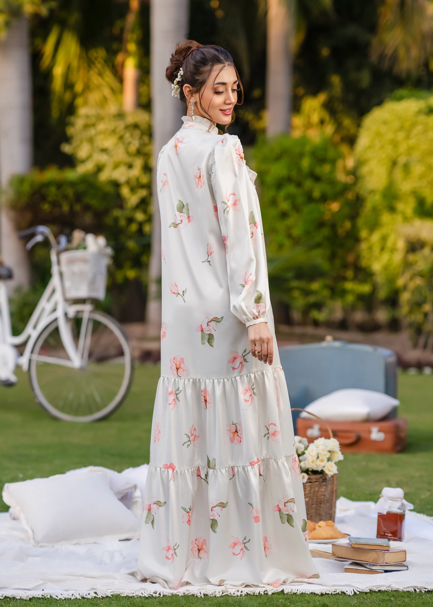 ELEGANT BLOSSOM DIGITAL PRINT ONE PIECE SILK RUFFLE DRESS CREAM WHITE & PINK