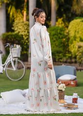 ELEGANT BLOSSOM DIGITAL PRINT ONE PIECE SILK RUFFLE DRESS CREAM WHITE & PINK