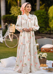 ELEGANT BLOSSOM DIGITAL PRINT ONE PIECE SILK RUFFLE DRESS CREAM WHITE & PINK